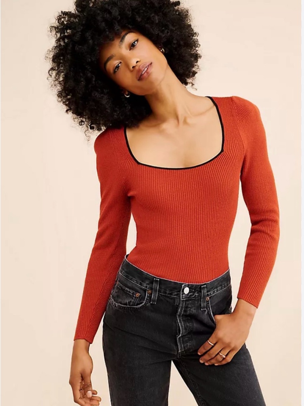 Maeve Anthropologie Small Orange Ribbed Square Neck Top Contrast Trim EUC Preppy